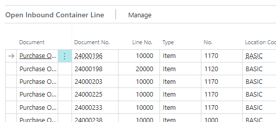 Lines on an inbound Container in Dynamics 365 Business Central